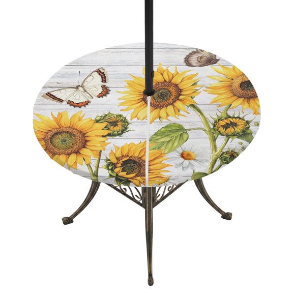 Round Outdoor Tablecloth with Umbrella Hole and Zipper, Yellow Sunflowers Tablecloth with Elastic Waterproof, Vintage Country Flowers Butterfly Wood Board Patio Table Covers for 55" - 60" Tables