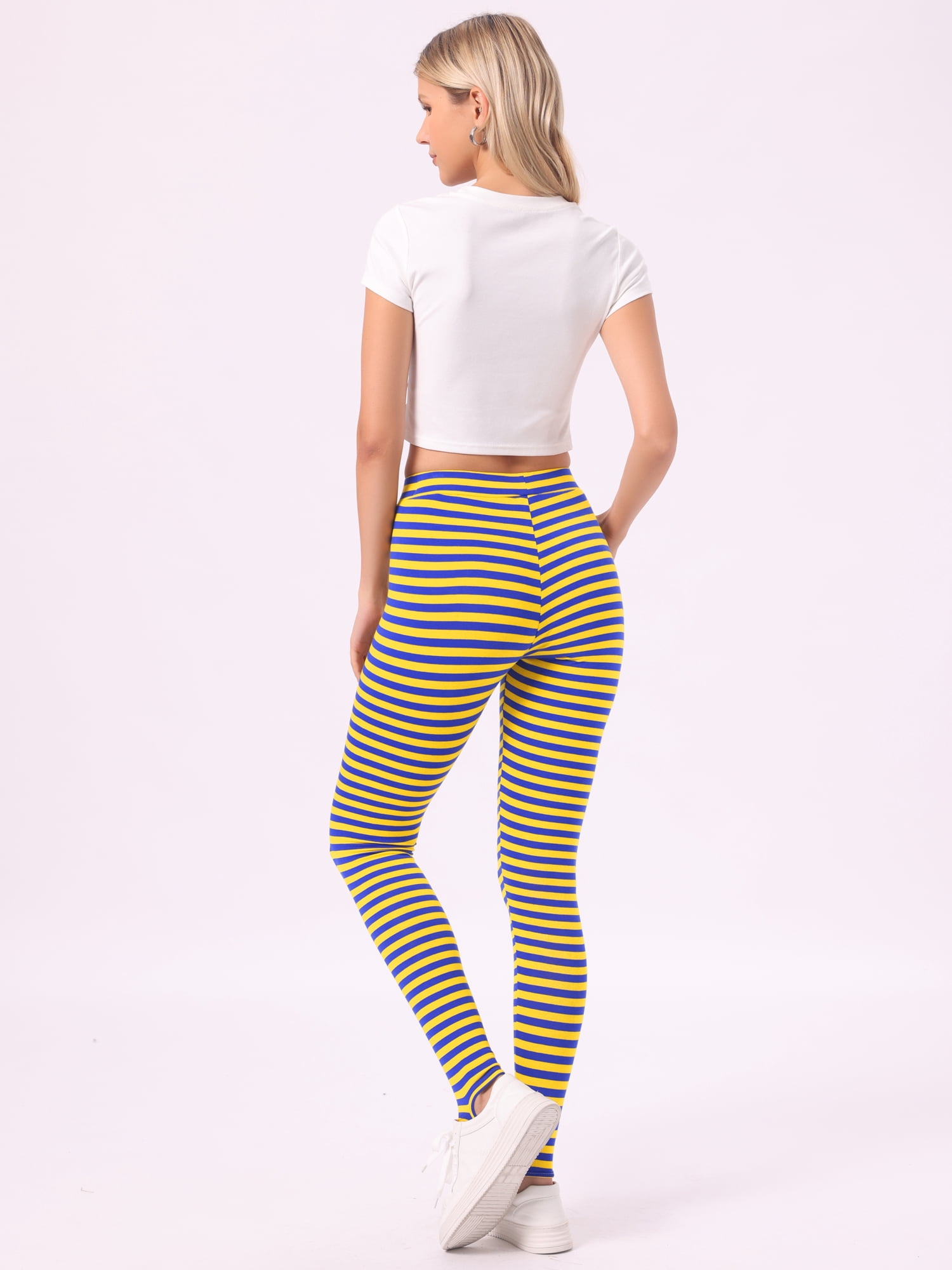 DARING DIVA Women's Tights High Waist Elastic Waistband Pants M Yellow Blue-Stripe