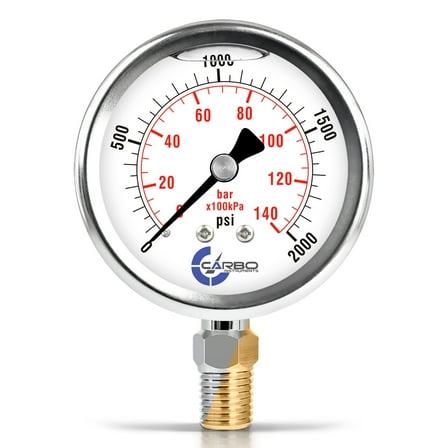 CARBO Instruments 2 1-2" Pressure Gauge, Stainless Steel Case, Chrome Plated Brass Connection, Lqiuid Filled, 0-2000 psi/kPa, Lower Mount 1/4" NPT
