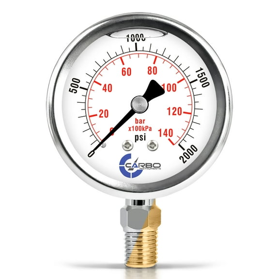 CARBO Instruments 2 1-2" Pressure Gauge, Stainless Steel Case, Chrome Plated Brass Connection, Lqiuid Filled, 0-2000 psi/kPa, Lower Mount 1/4" NPT