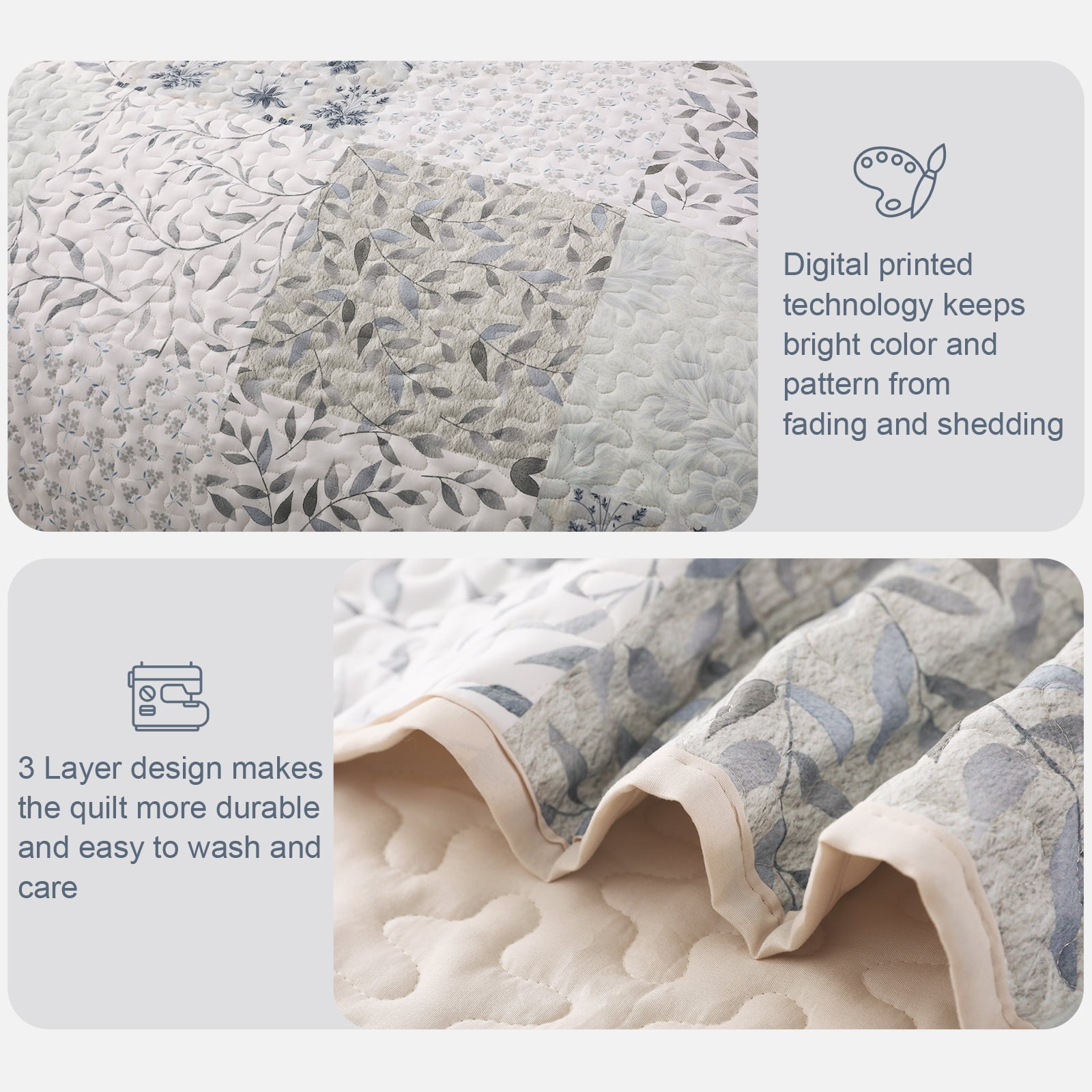 Exclusivo Mezcla Reversible Boho Quilt Set King Size, 3 Pieces Patchwork Gray All Season Bedspreads, Ultra Soft Floral Coverlet Bedding Set with Printed Pattern (1 Quilt, 2 Pillow Shams)