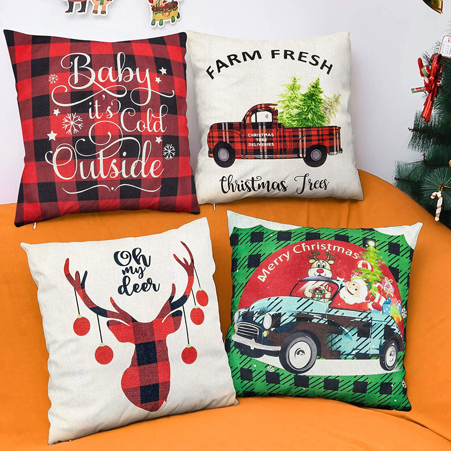 Rustic Red Truck with Red Buffalo Plaid Ruffle Faux Burlap/Linen Pillow Cover Farmhouse Pillow Christmas Pillow