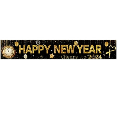 Image of Balloon Clock Celebrate 2024 Black Gold Flags New Year Decoration New Year Background Cloths Party Backdrop Photography Background Happy New Year Banner B