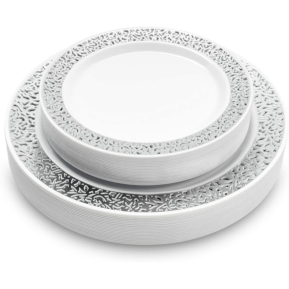 MATANA 40 Premium Silver Plastic Plates with silver Rim - 20 Dinner Plates 10.25" and 20 7" Dessert Plates