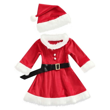 

Canrulo 3PCS Toddler Infant Baby Girl Christmas Skirt Set Fluffy Boat Neck Long Sleeve Dress Hat Waist Belt Red 3-4 Years