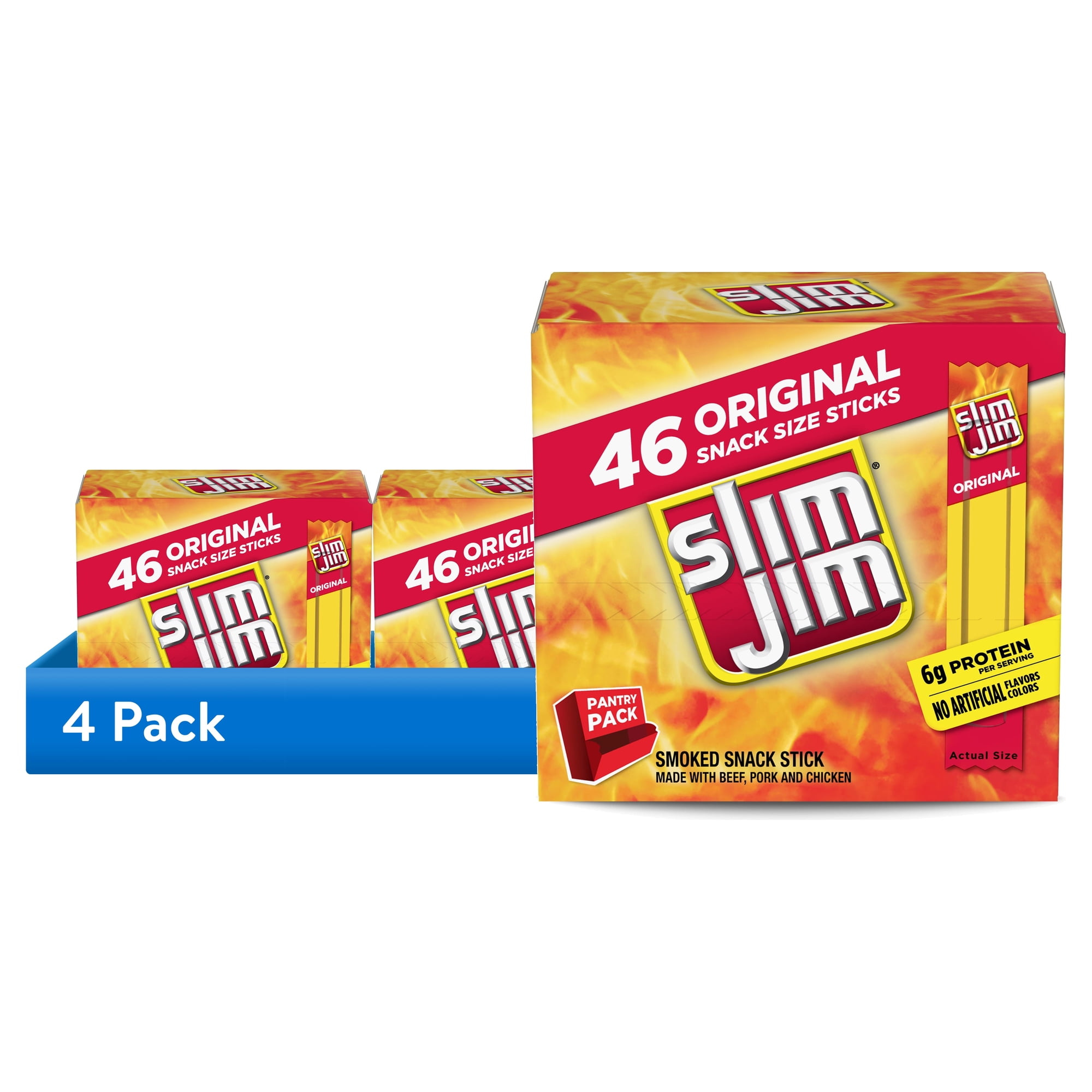 (4 pack) Slim Jim Smoked Meat Sticks, Original Flavor, 6g Protein Per Serving, Snack Size, 0.28 oz., 46-Count (Pack of 4)