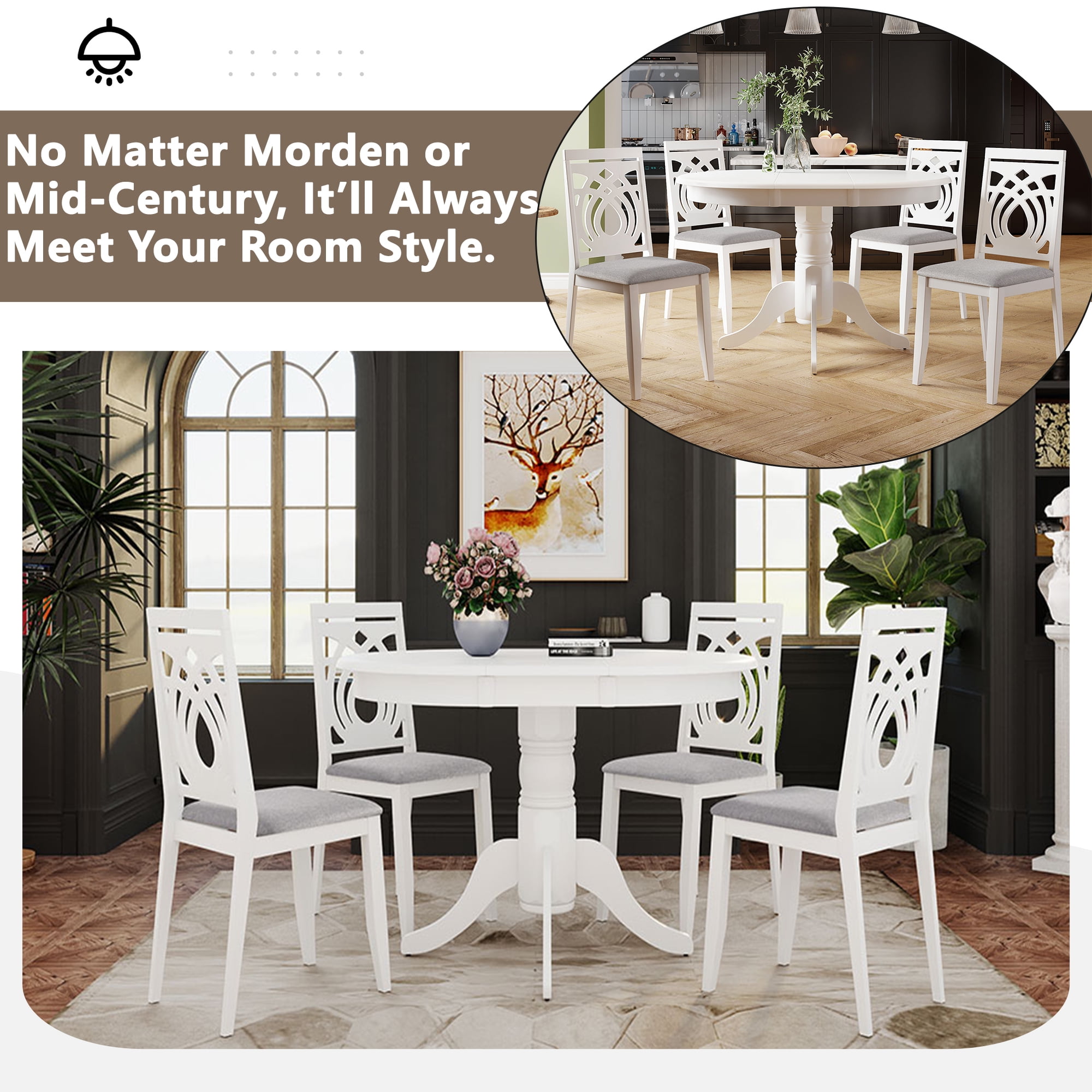 5 PCS Extendable Wood Dining Table Set with Round Table and 4 Upholstered  Chairs, Natural Wood Wash-ModernLuxe