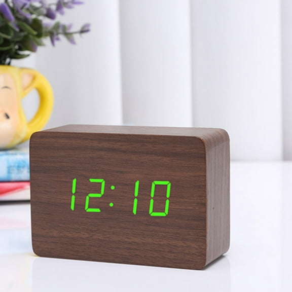 LEORX Wooden Desk LED Clock with Temperature Display Brown