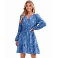 thumbnail image 3 of Women'S Casual Long Sleeve Babydoll Flowy Dress V Neck Swing Party Mini Dress Blue XL, 3 of 9