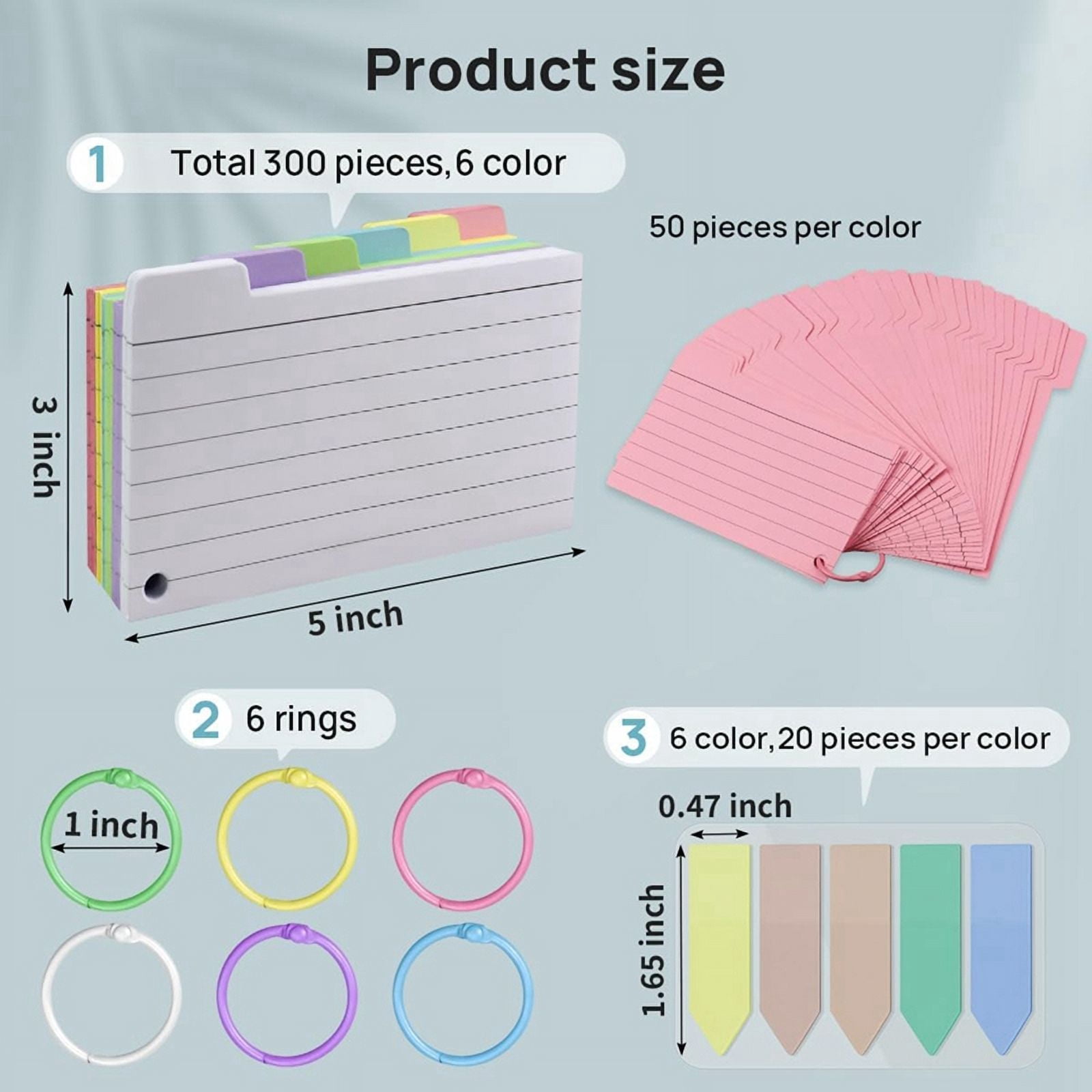900 Pack Index Cards, 3inch X 5inch Ruled Index Cards with Ring, Colored Lined Flash Cards, Both Sides Note Cards