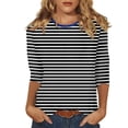 thumbnail image 2 of Women's Crew Neck 3/4 Sleeve Striped Print Top, Contrast Trim Casual Slim Fit Basic T-Shirt Blouse for Spring Summer Daily Wear 01-Black S, 2 of 5