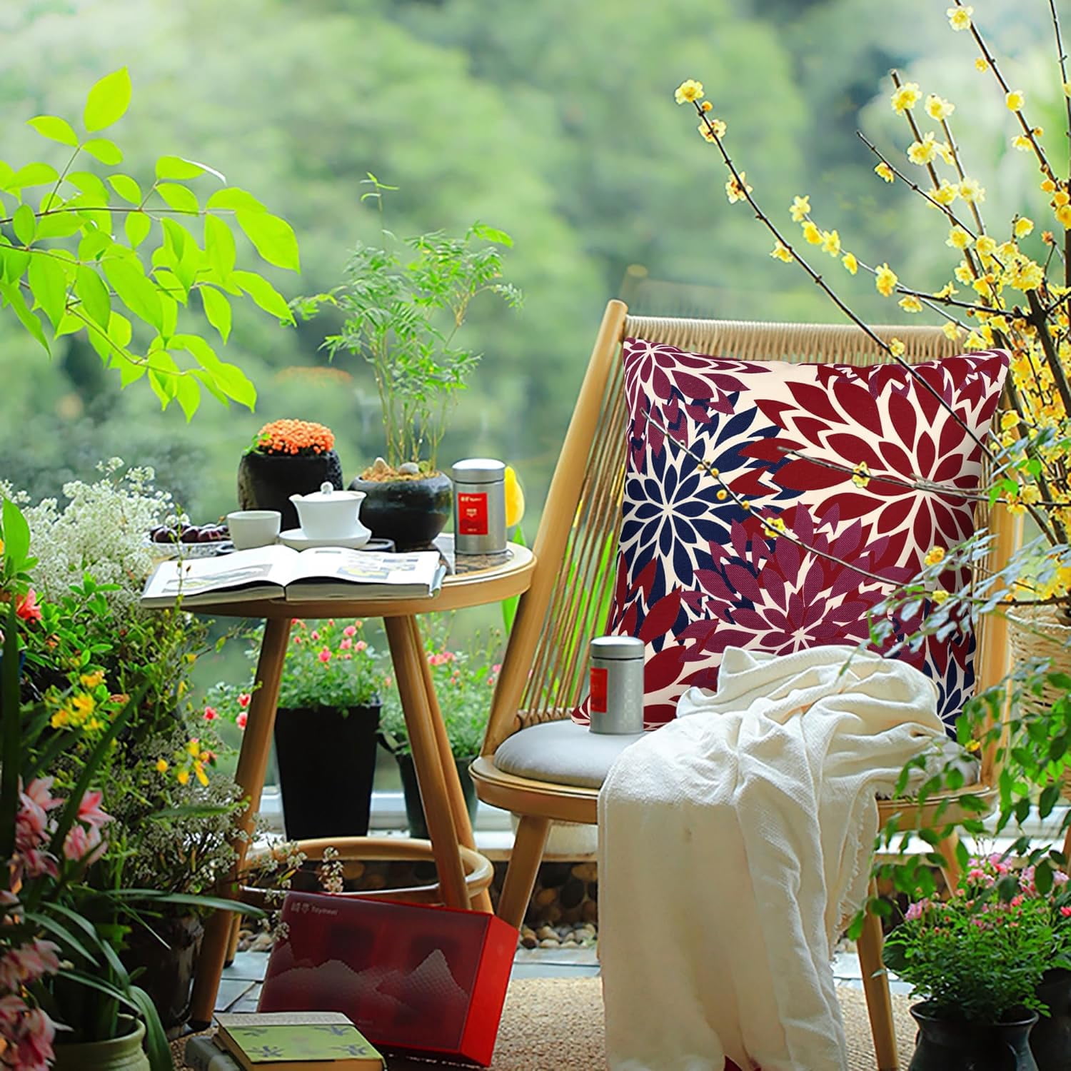 Blue and Red Floral Throw Pillow Covers 18x18 inch Set of 4 Outdoor and Indoor Farmhouse Decorative Linen Pillow Cover - Waterproof Pillow Covers for Patio Garden Living Room Bed Sofa