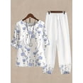 thumbnail image 3 of Plus Size Casual Outfits Set, Women's Plus Floral Print Short Sleeve Round Neck Tee & Pants Outfits Two Piece Set, 3 of 5