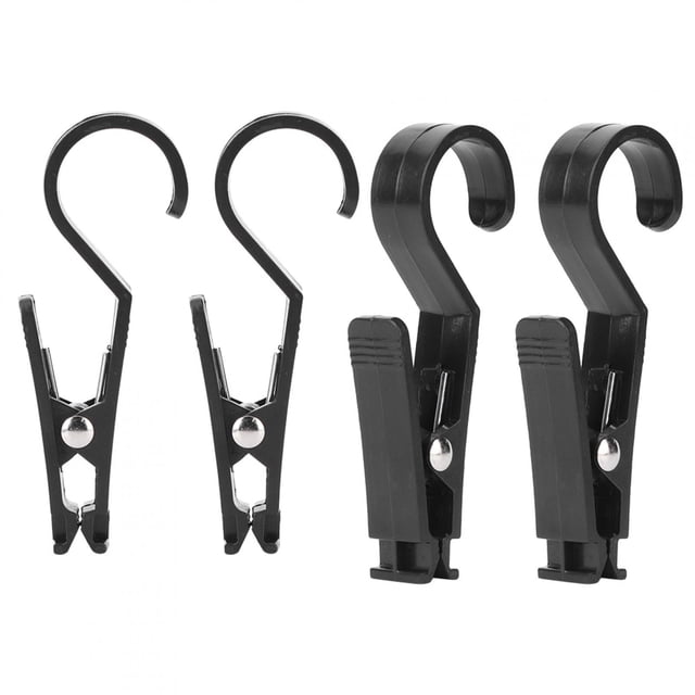 ganchos para lonas colgantes jadeshay 4 unidades Ganchos negros de PP, cuatro piezas: dos pinzas pequeñas y dos ganchos en S con cierre; aprox. 11 x 1.6 x 4.5 cm; boca antideslizante e integrado, aptos para cochecitos, bicicletas y sillas de ruedas y útiles para colgar bolsas o ropa para liberar las manos.