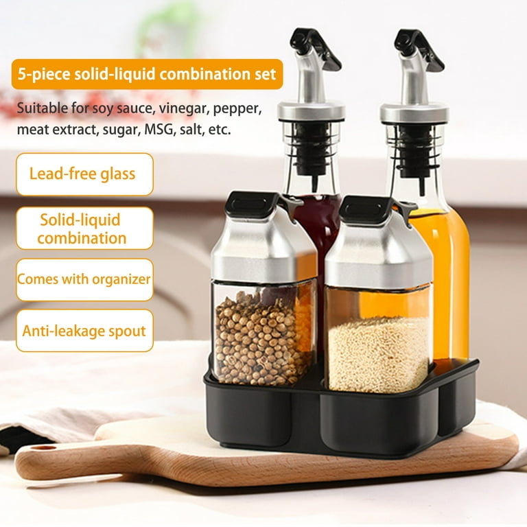 Oil and Vinegar Salt Pepper Dispenser Set with Storage Tray 