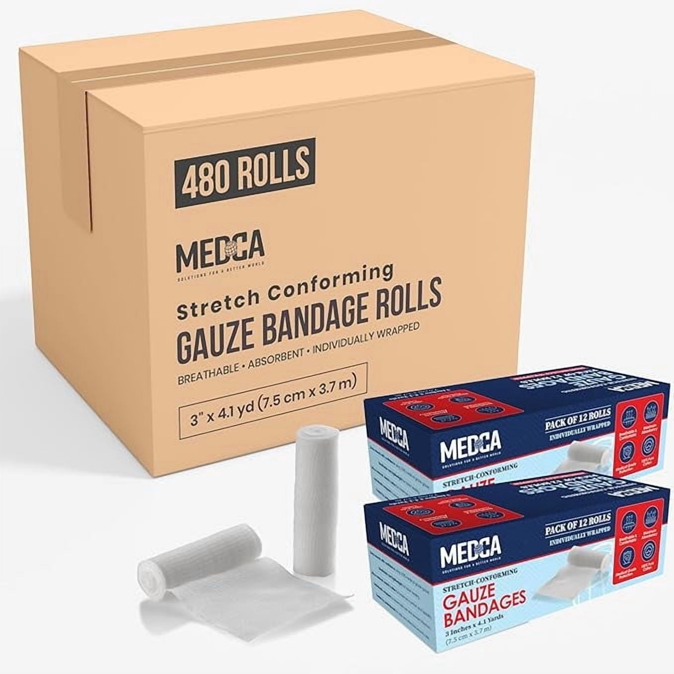 MEDca Medical Grade Gauze Bandage Rolls - 480 Pack, 3" x 4.1 Yards, Stretch Cotton Wrap for Wound Dressing, First Aid Kit Essential
