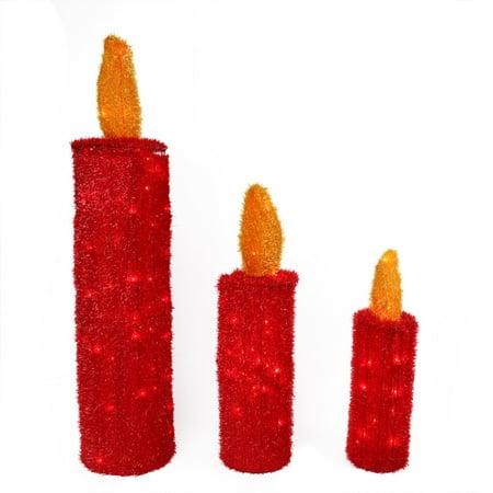 Set of 3 Pre-Lit Red and Gold Tinsel Candle Christmas Outdoor Decorations