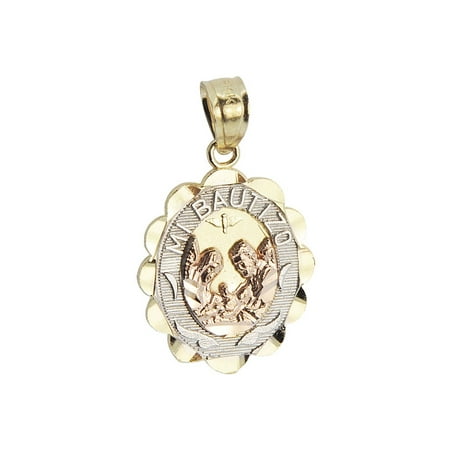 - 14k Tricolor Gold, Small Size Mi Bautizo Christening Medal Pendant Religious Charm Oval 13mm
