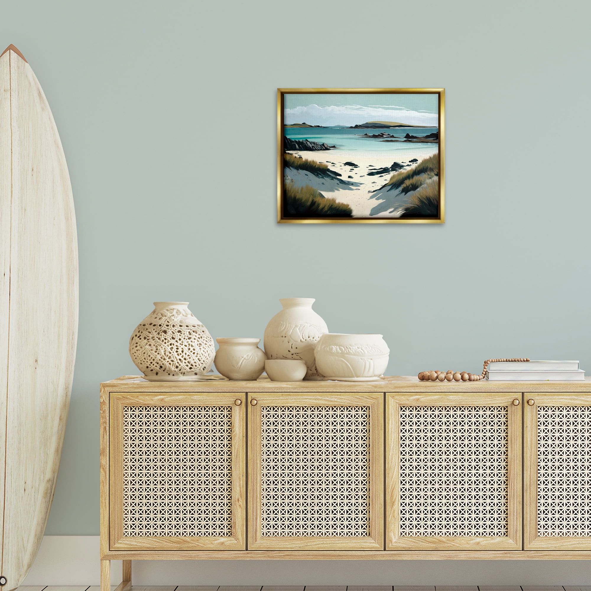 Stupell Industries Wild Island Landscape Nautical & Beach Painting Gold Floater Framed Canvas Art Print Wall Art, 21 x 17