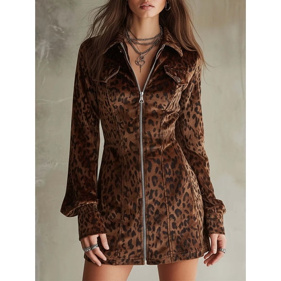 Stylish Leopard Print Zip-Up Dress