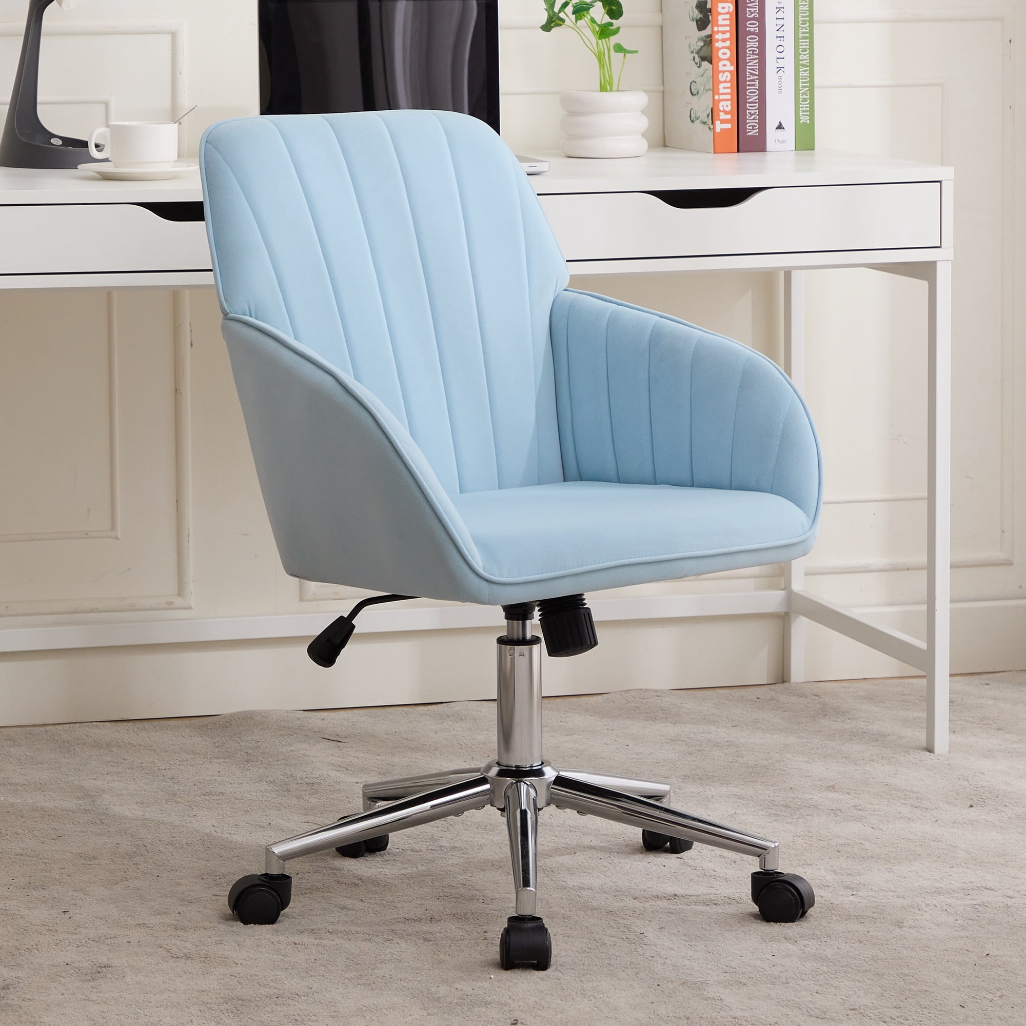 PORKISS Vanity Chair, Swivel Home Office Chair, Ergonomic Desk Chair with Silver Metal Base, Adjustable Height, Velvet Upholstered Task Chair, Baby Blue
