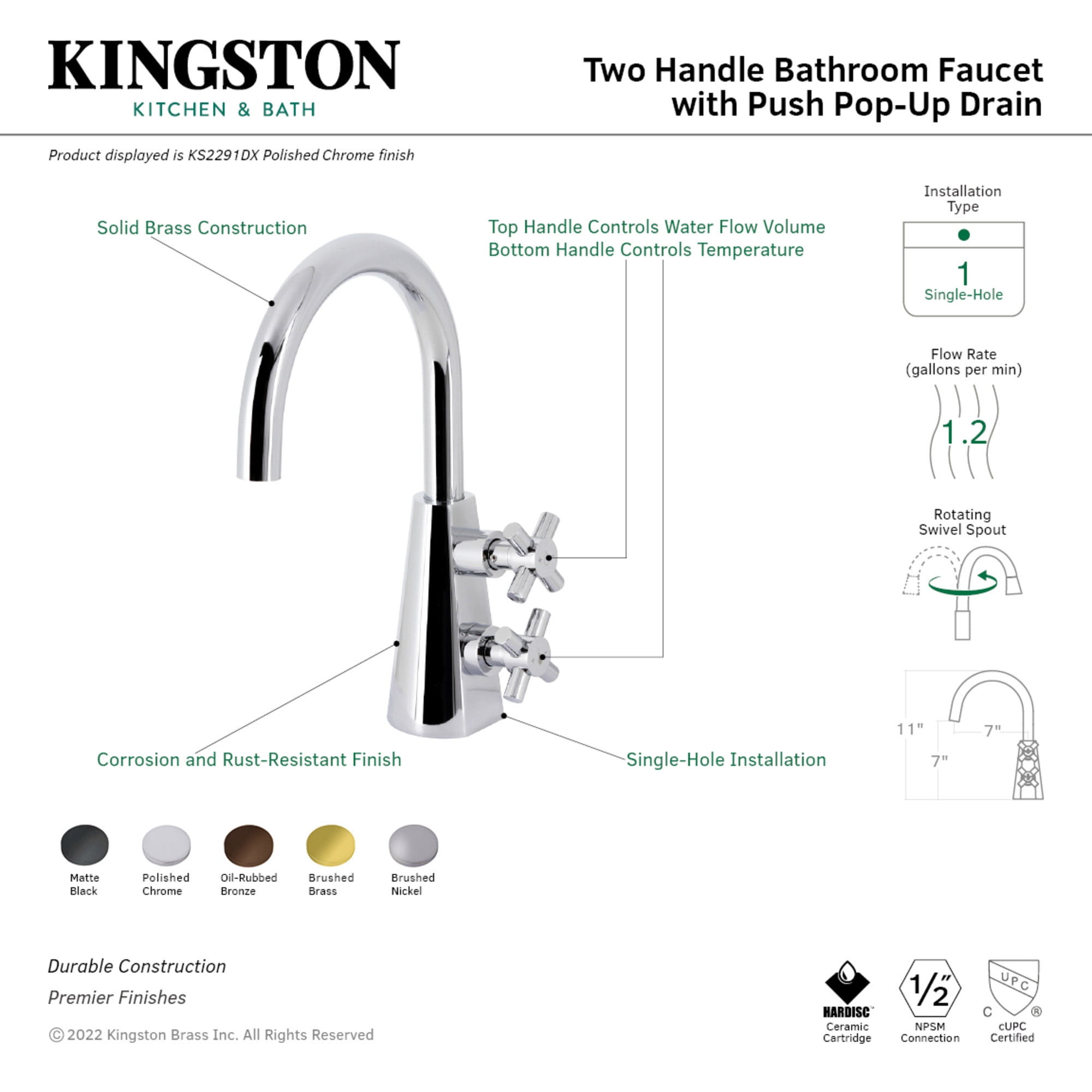 Kingston Brass KS2290DX Constantine Two-Handle Single-Hole Bathroom Faucet with Push Pop-Up Drain, Matte Black