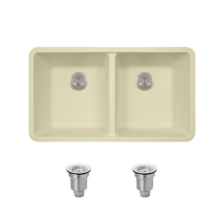 Undermount Small Equal Double Bowl MR Direct 802 Beige Undermount Composite Granite 32 1/2 in. Equal Double Bowl Kitchen Sink Ensemble With Two Basket Strainers ()