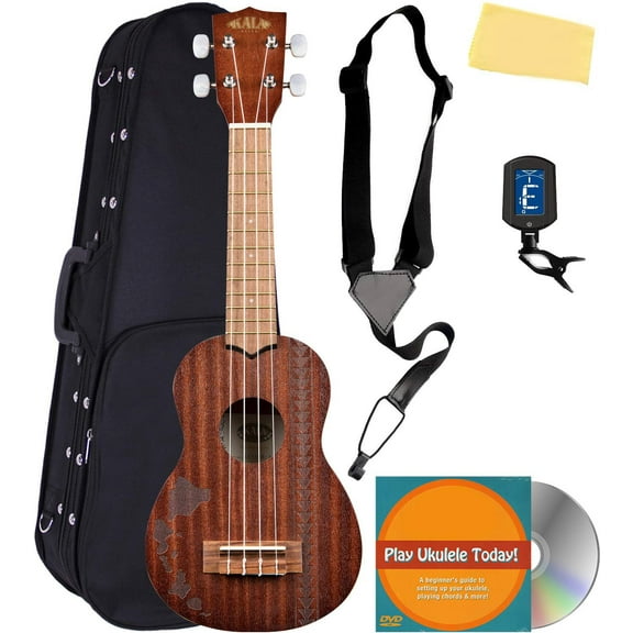 Kala KA-15S-H2 Satin Mahogany Soprano Ukulele - Hawaiian Islands & Tattoo Bundle with Hard Case, Tuner, Strap, Austin Bazaar Instructional DVD, and Polishing Cloth