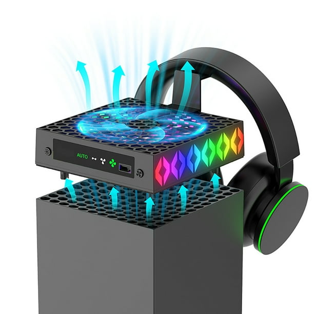 Ventilador de refrigeración ajustable para la consola Xbox Series X. Función de control inteligente de la temperatura. Efecto de iluminación RGB. Radiador con gancho para auriculares