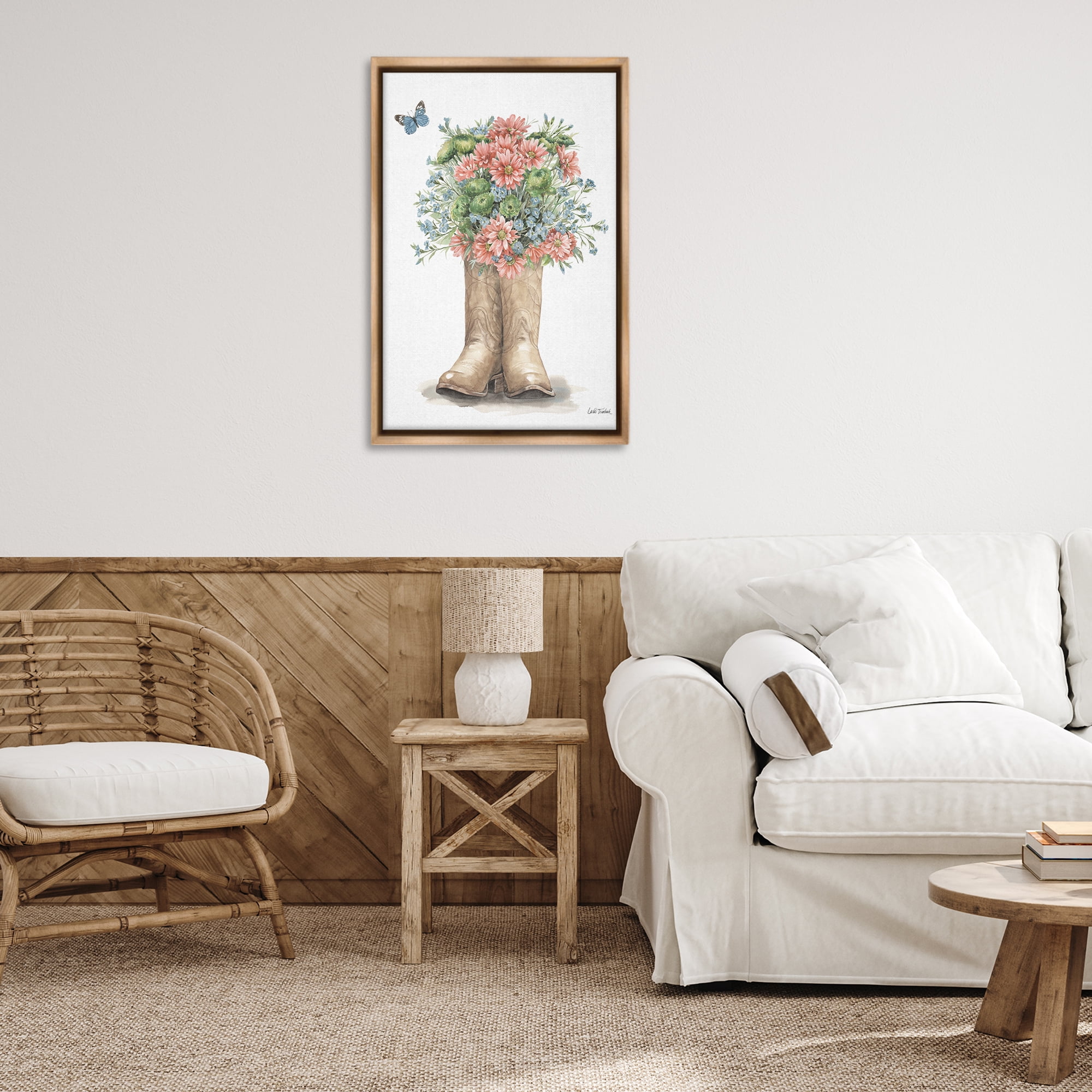 Stupell Industries Western Wildflower Boots Botanical & Floral Painting Brown Floater Framed Canvas Art Print Wall Art, 21 x 31