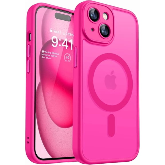 Magnetic Case for iPhone 15, Translucent Matte Shockproof Cover - Hot Pink