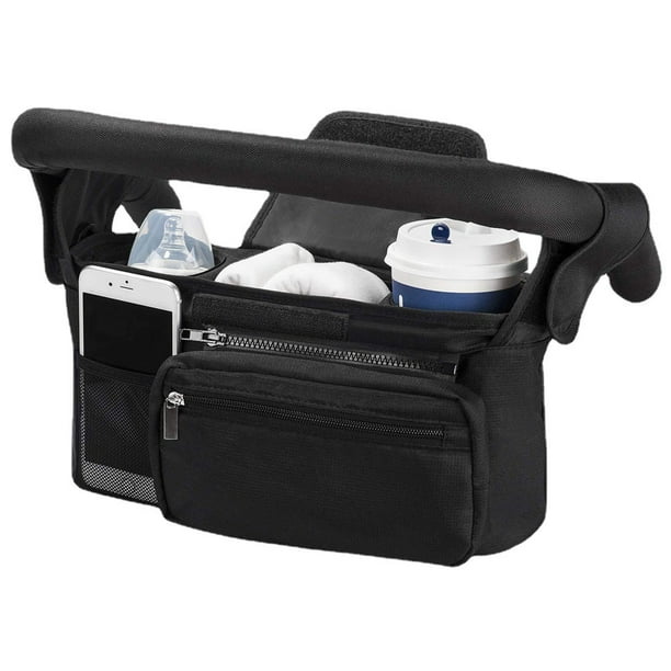 Organizador universal para cochecito con portavasos/portavasos aislado, bolso para cochecito con accesorios para bebé, bolsillo con cremallera, correa para el hombro y espacio para guardar pañales y