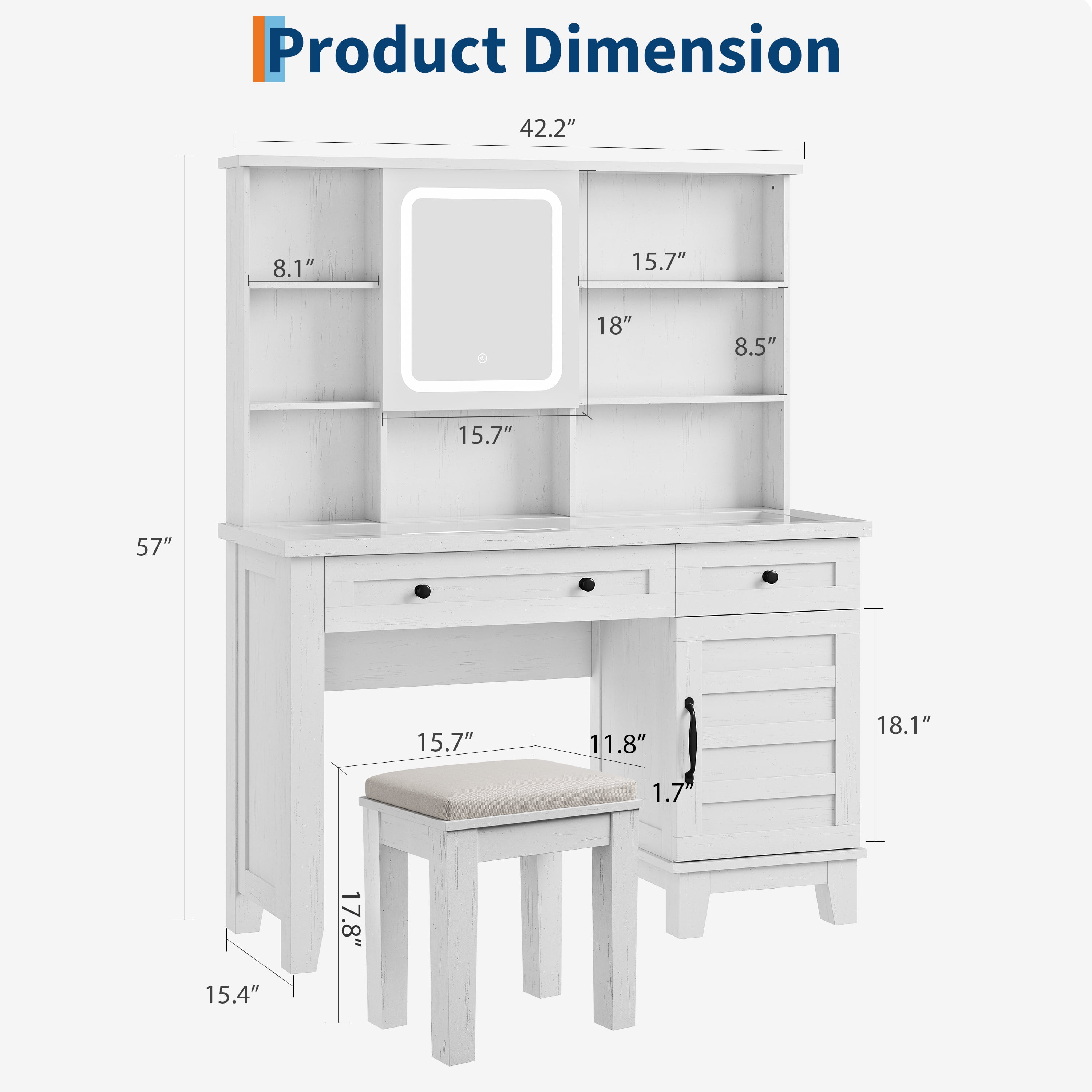 Modern White Makeup Vanity Desk with Lighted Mirror, Glass Tabletop, Charging Station, Drawers, Cabinet, Open Shelves, Upholstered Stool – Large Storage Dressing Table – White
