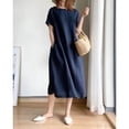 thumbnail image 4 of JUNWELL Robe Femme Coton Lin Décontractée Été Couleur Unie Manches Courtes Ample Plage Kaftan Midi, 4 of 7