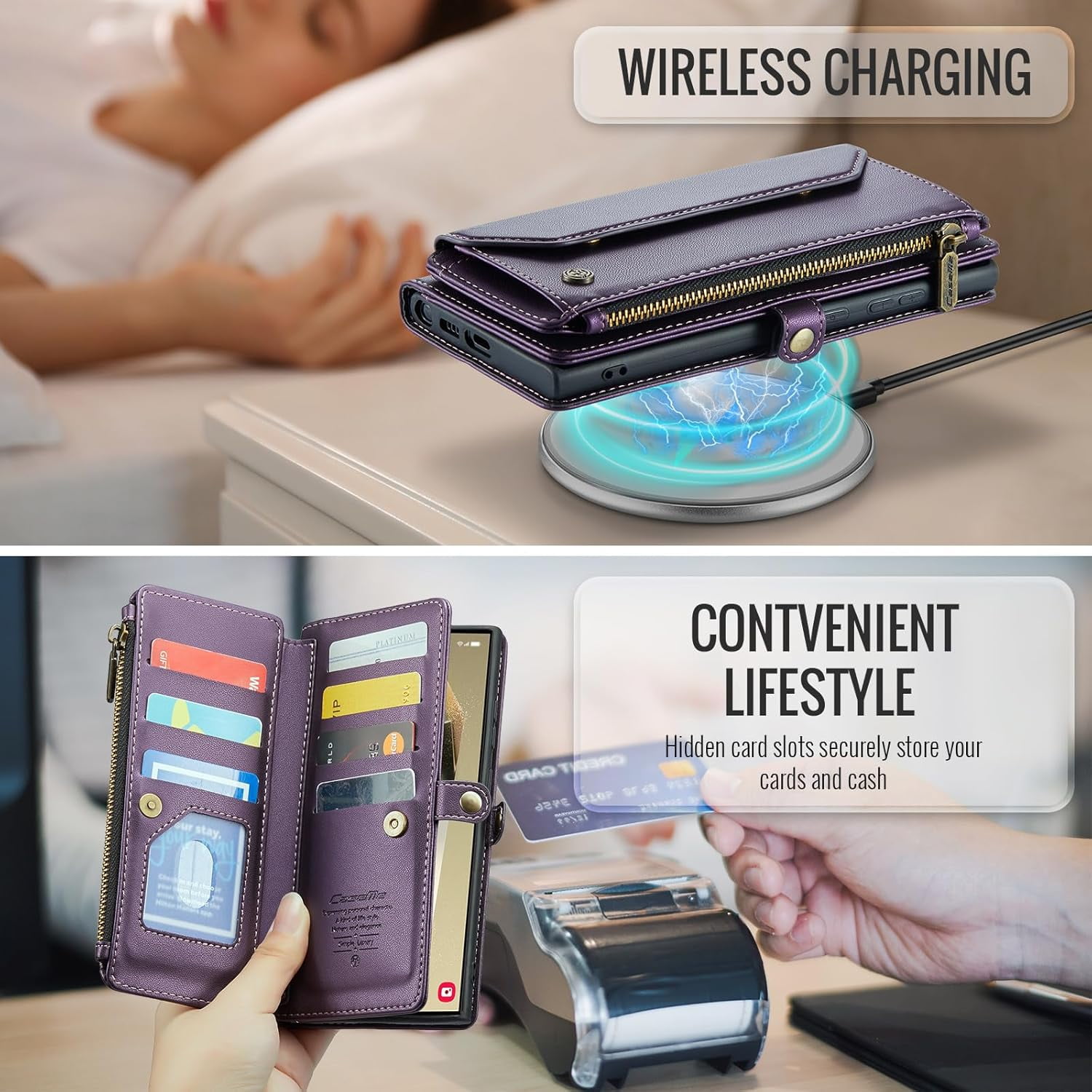 KOMI for Samsung S24 Ultra Case with RFID Blocking for Samsung Galaxy S24 Ultra Wallet Case for Women Men, PU Leather Magnetic Flip Strap Zipper Card Holder Phone Case for Galaxy S24 Ultra Purple