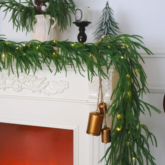 6FT Christmas Garland Prelit, Real Touch Norfolk Pine Garland with Light, Artificial Realistic Greenery Garland for Mantle Fireplace Table Centerpiece Indoor Outdoor Home Decor