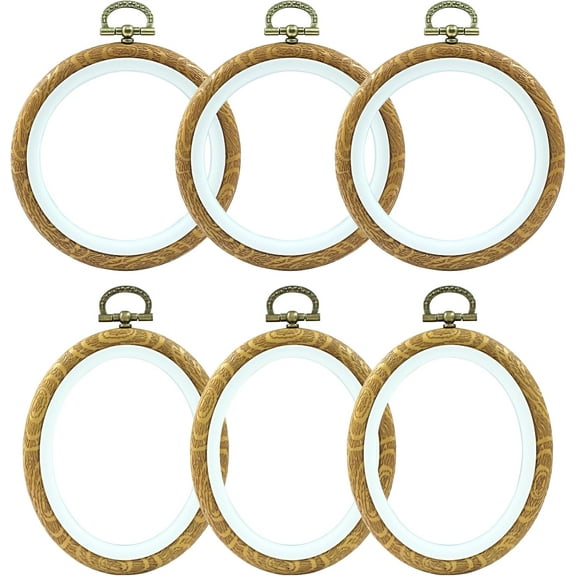 6 Pieces 4 Inch Embroidery Hoops, Imitated Wood Cross Stitch Hoop Ring Oval & Round Embroidery Hoop Frame for Ornaments Art Craft Sewing