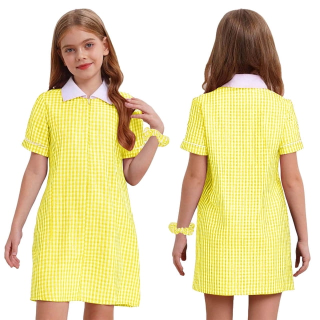 HULIJA Robe Chemise à Carreaux Plissée pour Petites Filles avec Bandeau Élastique Col Rabattu Robe à Volants Jaune 12