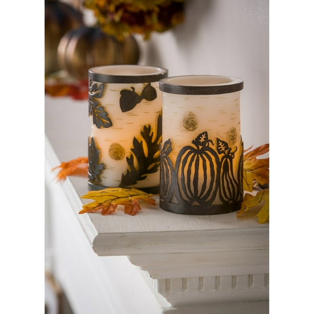 Pumpkin and Leaves Embossed Battery Operated Flameless LED Wax & Metal Candle, 2 Assorted, 4'' x