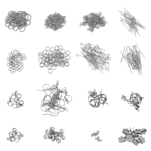 1 Box about 617pcs 16 Style Jewelry Making Sets with Jewelry Chains Cord Ends Haad Eye Pins Jump Rings Bead Caps Earring Hooks and Charms for Jewelry Making and Repairing
