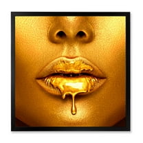 Designart 'Gold Paint Drips From Sexy Girl Lips' Modern Framed Art Print