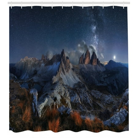 Night Shower Curtain Dolomites Italy Alps Mountain Landscape With Starry Sky Milky Way Fabric Bathroom Set Hooks Dark Blue Redwood Tan