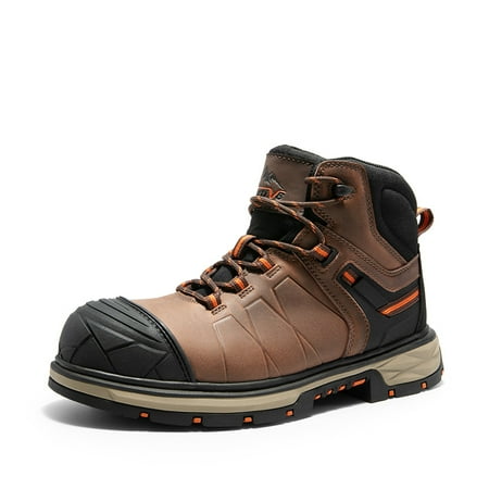 BURUDANI Men s Non-Slip Steel Toe Leather Work Boots Water Resistant Safety Industrial Construction Shoes DARK BROWN Size 8