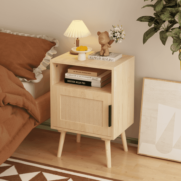 22" Small Nightstand, Wood End Table with Storage, Sofa Side Table with Rattan Door and Open Shelf, Farmhouse Accent Cabinet for Badroom, Living Room