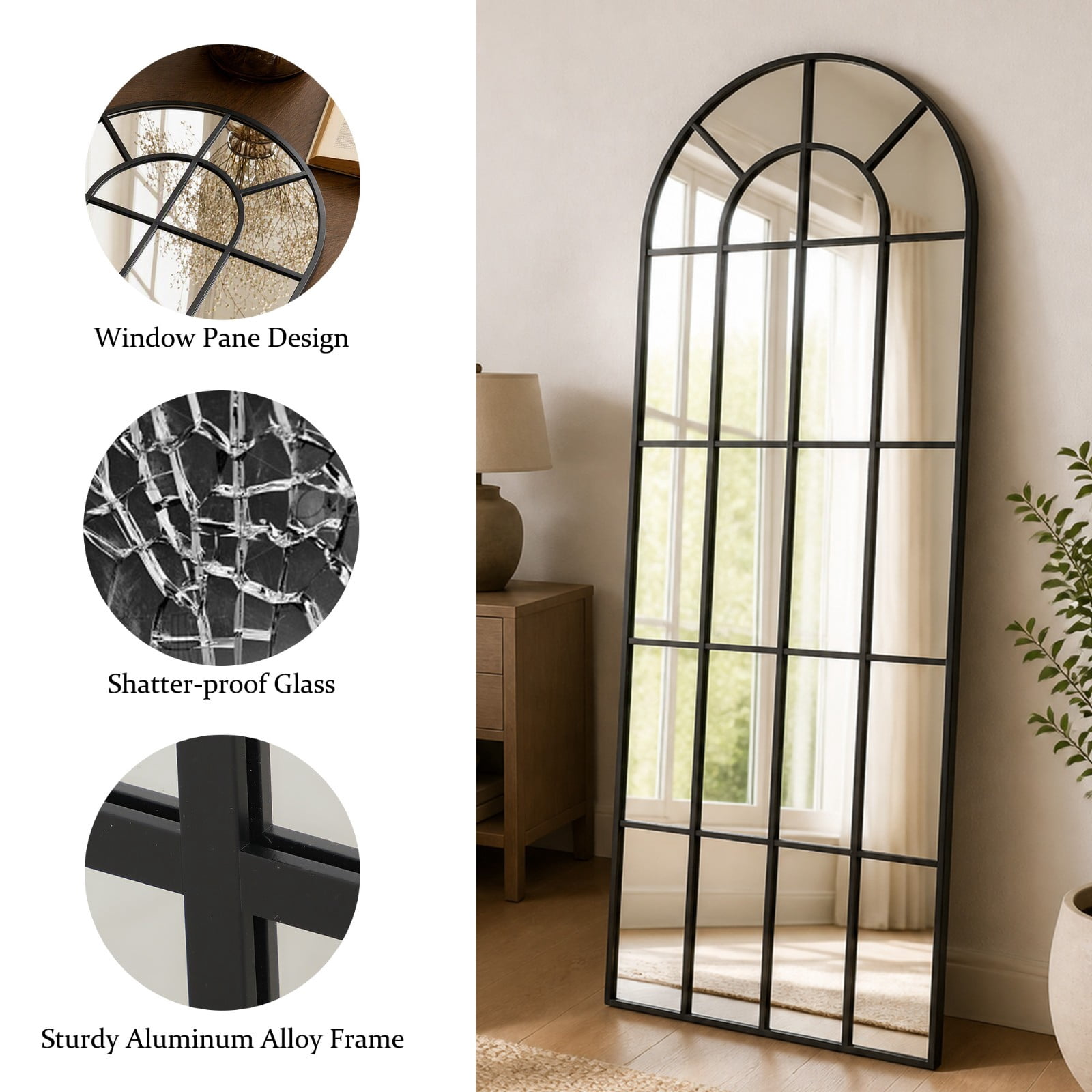 SHATTERVIEW 71"x30" Arched Full Length Mirror with Windowpane Wall-Mounted Leaning Mirror, Black