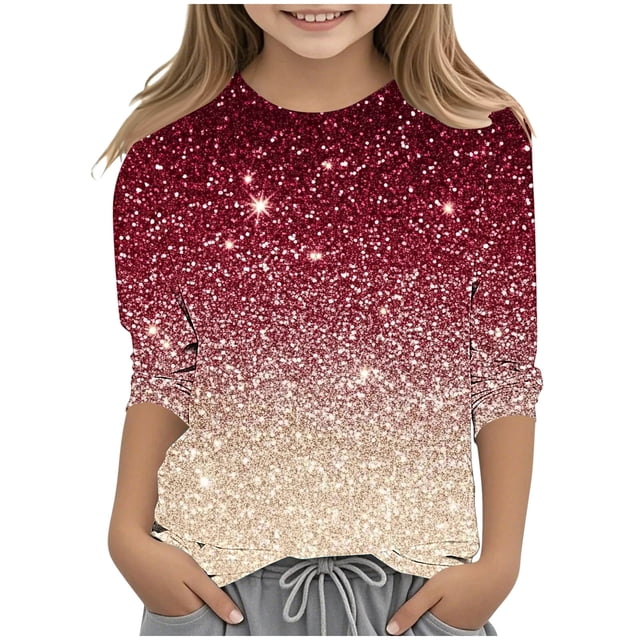lcziwo Filles 2025 Mode Haut à Paillettes Graphique Manches 3/4 Chemises Amples Chic Col Ras du Cou Imprimé Pailleté Automne Décontracté Chandail Blouse Multicolore Chemises pour Hommes