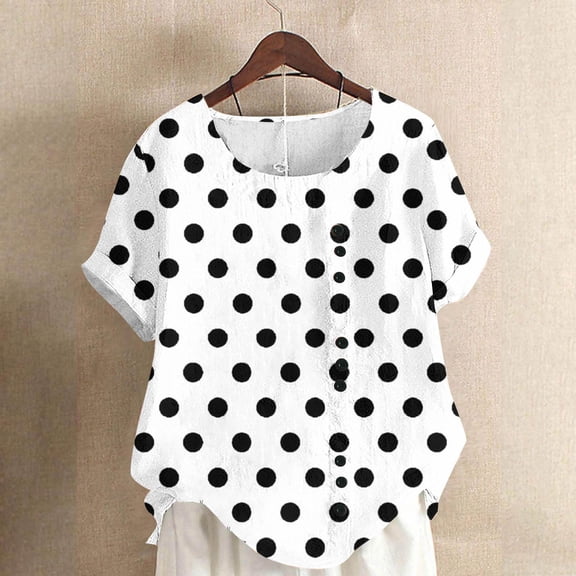 Xuyuer Women's Fashion Casual Random Polka Dot Print Short Sleeve Linen-Like Button T-Shirt Top - Cute Blouse, Short Sleeve Tops for Women, Business Casual Tops, Summer Tops