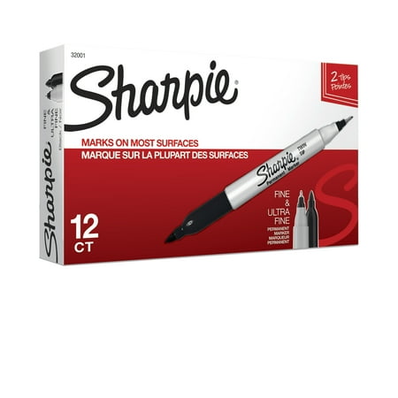 Sharpie Twin Tip Permanent Markers, Fine and Ultra Fine, Black, 12