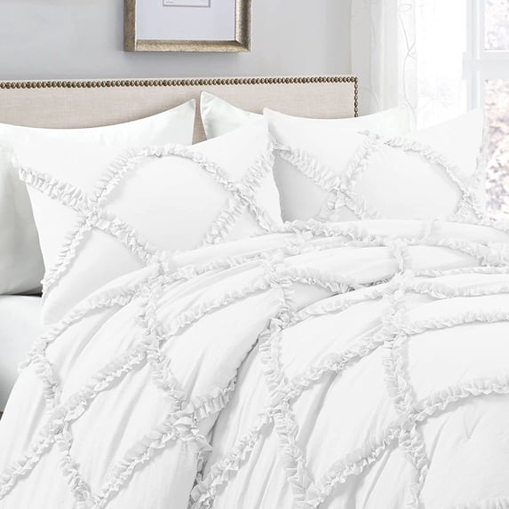 Dual Tone Diamond Ruffle Duvet Cover 3 Piece Set with Zipper Closure, 400 Thread Count & 100% Egyptian Cotton , Quilts Protector with Pillowcases - White & White Solid, Queen Size.