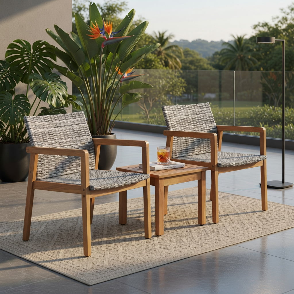 Hommoo 3-Piece Outdoor Patio Furniture Set, PE Rattan Chairs + Acacia Wood Coffee Table, Weather-Resistant, Ideal for Garden, Poolside & Courtyard, Gray & Natural